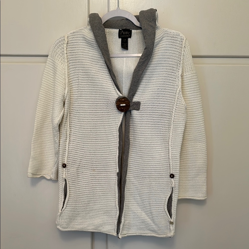 Pure Handknit Chunky White and Gray Knit Cardigan with Button Detail